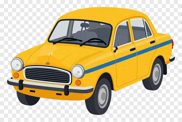 A cartoon-style yellow taxi with a blue stripe.