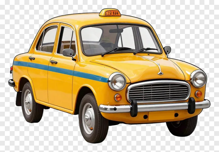 Classic yellow taxi with blue stripe and roof light.