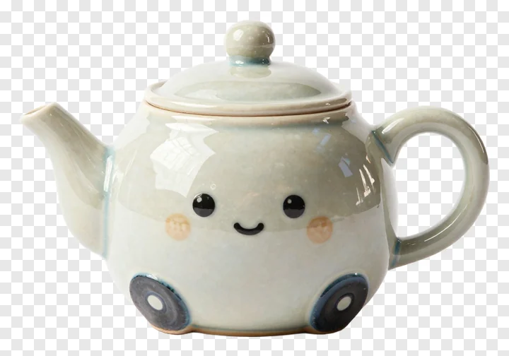 A ceramic teapot shaped like a car with a smiling face.