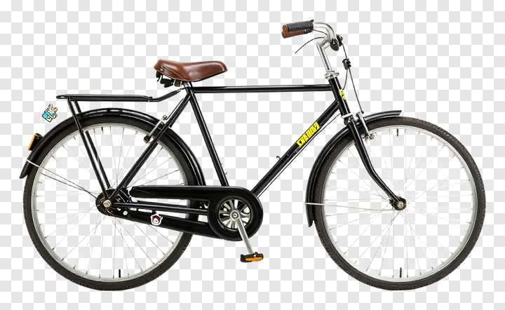 A classic black bicycle with a brown leather seat.