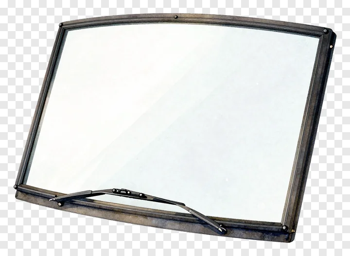A curved glass windshield with a metal frame and wiper arm.