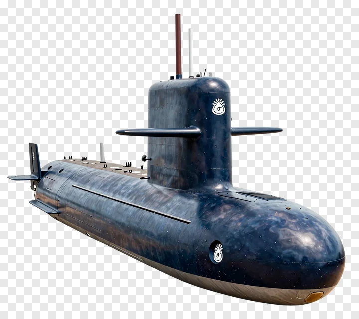 A dark blue submarine with a conning tower and periscope.
