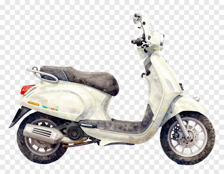 A white scooter with a worn seat and faded paint, viewed from the side.