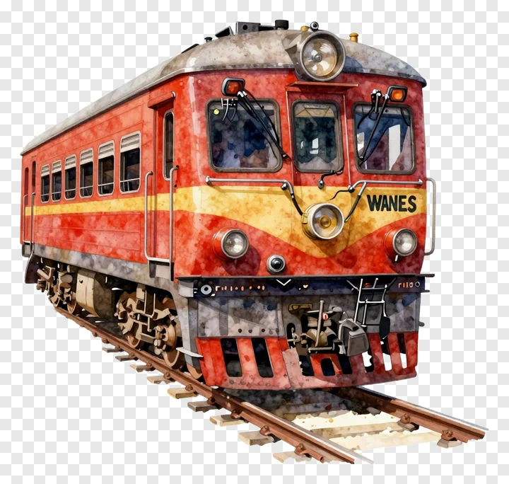 Vintage red and yellow passenger train on tracks.