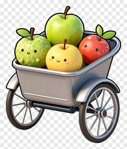 A cart carrying four smiling apples.