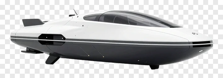 A futuristic white hovercraft with black accents.
