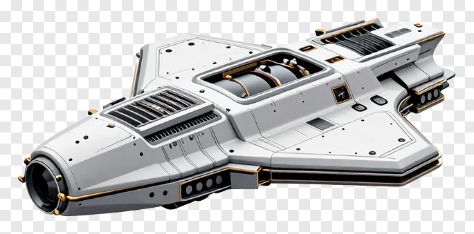 A white futuristic spaceship with gold trim.