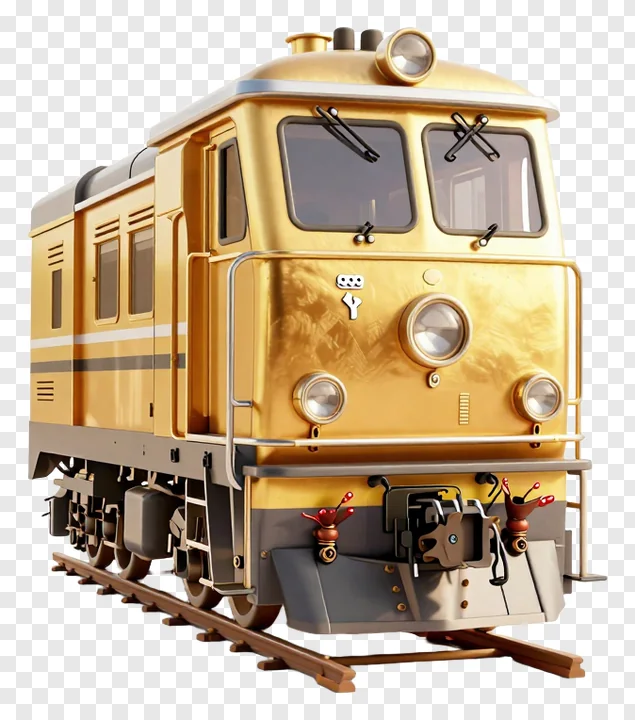 Front view of a gold-colored diesel engine on railway track.
