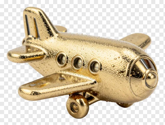 A golden metallic airplane charm with visible windows and landing gear.