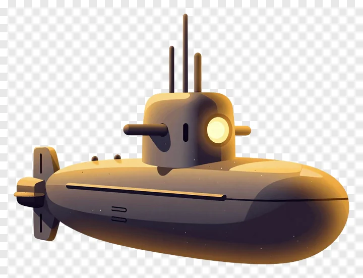 A cartoon submarine with a golden body and lit periscope.