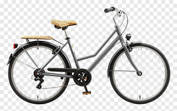 Gray bike with woven brown seat cover on white background.