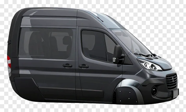 Side view of a gray delivery van with visible side mirror.