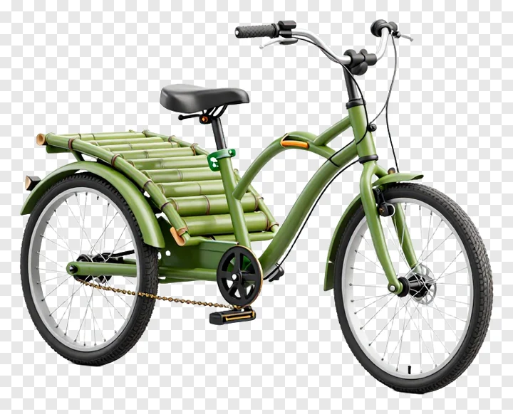 Green bike with bamboo backrest for carrying items.
