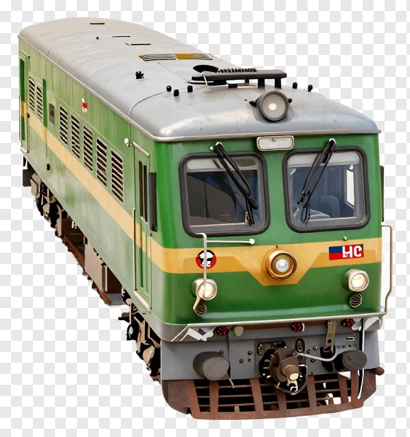 Green diesel train with yellow stripe.