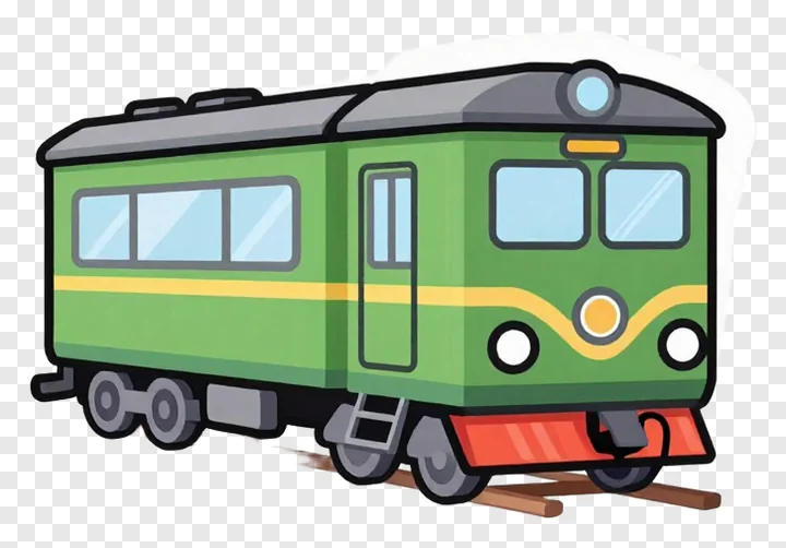 A green cartoon train with yellow stripe and red front.