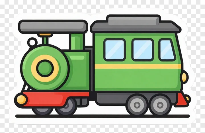 A green cartoon train with a yellow stripe.
