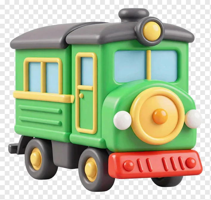 A green toy train with yellow accents and a red bumper.