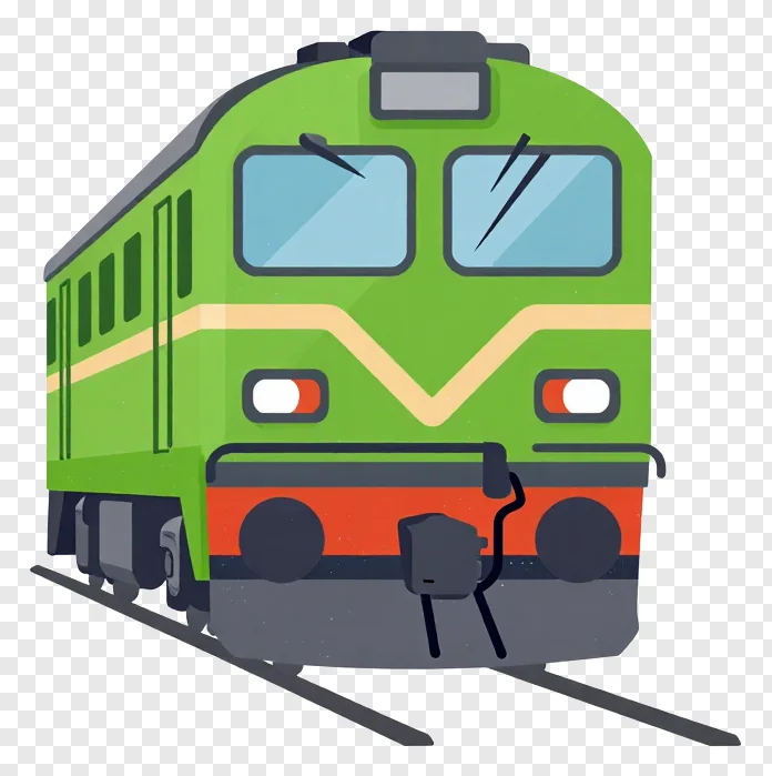 Green train with orange stripe on tracks.