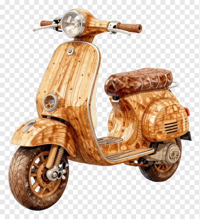 Wooden scooter with hand-carved details and metal components.