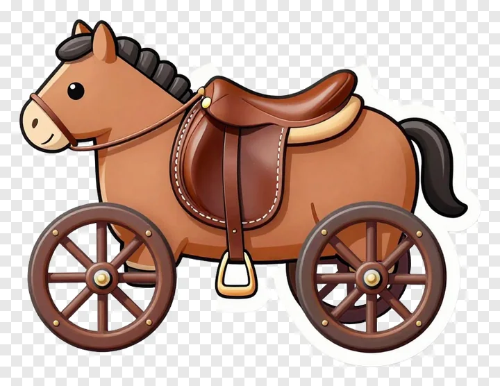 Cartoon horse with leather saddle and wagon wheels.