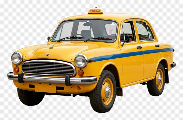 Classic yellow taxi with blue stripe and roof light.