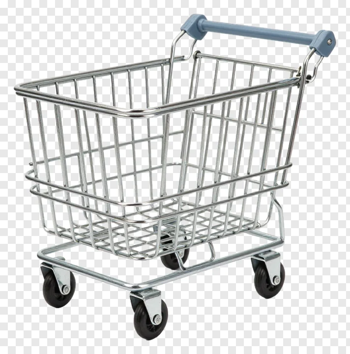 A small metal shopping cart with a blue handle.