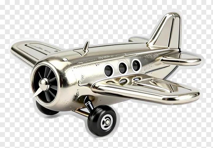 Shiny metallic tin airplane toy with black wheels.