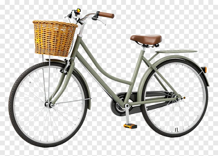 An olive green bicycle equipped with a woven basket for carrying items.