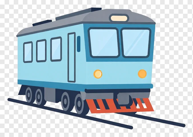 A light blue train with dark gray accents and orange front buffer.