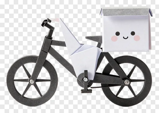 Origami crane riding a delivery bike with a smiling box.