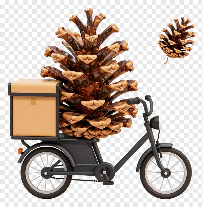 Tricycle delivering a giant pinecone package.