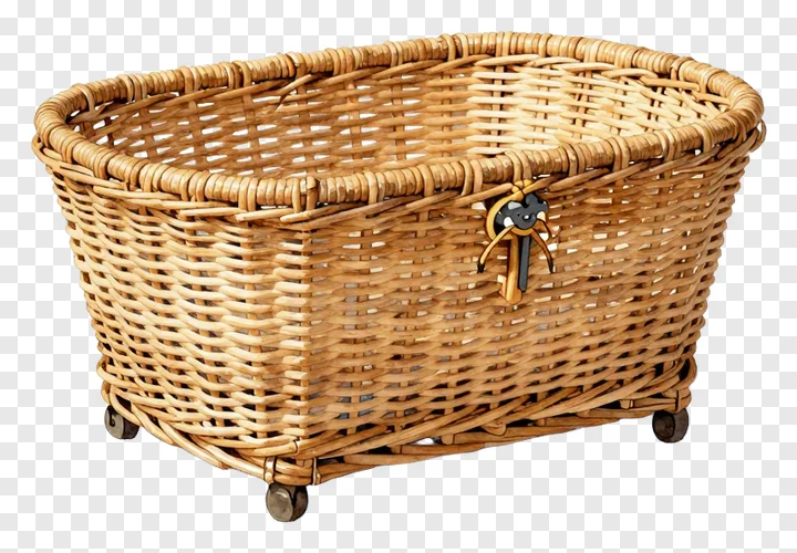 Woven rattan basket with wheels for cargo.