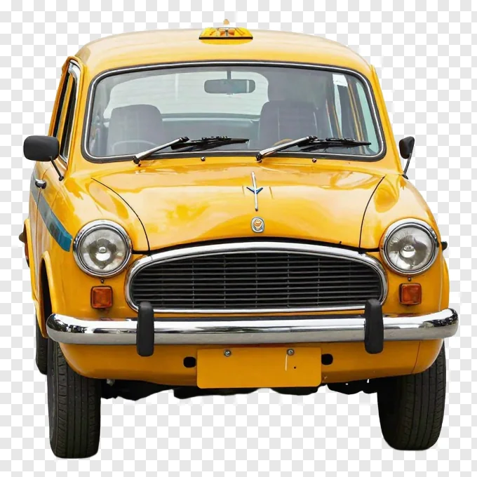 Front view of a yellow taxi with blue stripe on side.