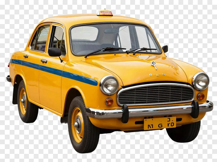 Classic yellow taxi with blue stripe on the side.