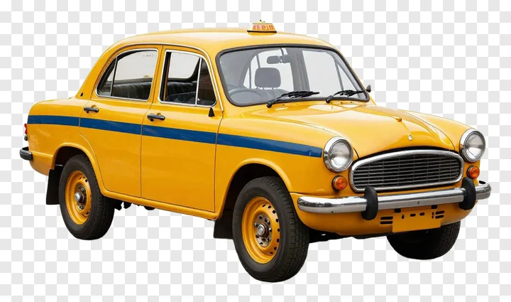Classic yellow taxi with blue stripe and roof light.