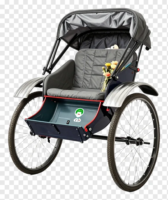 Gray-covered rickshaw holding a flower arrangement.