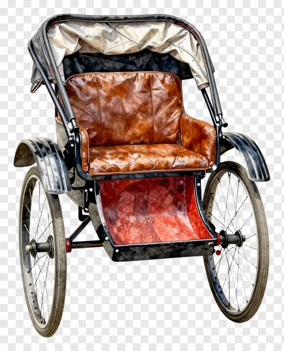 Traditional rickshaw with brown leather seating.
