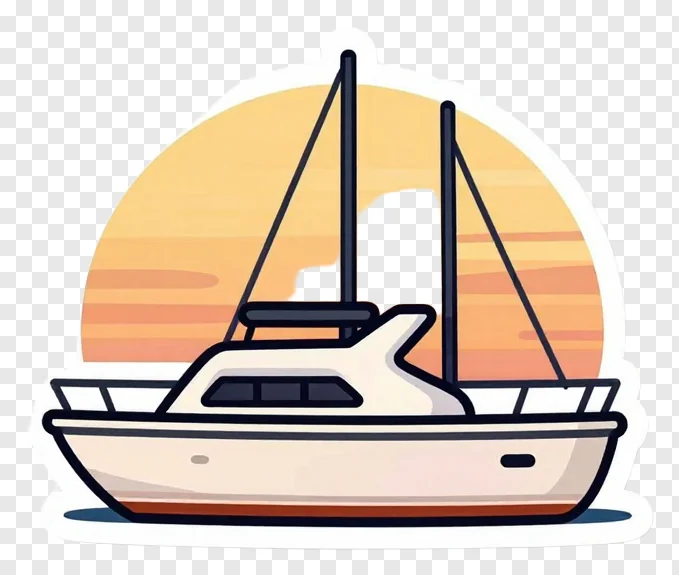A cartoon sailboat at sunset.