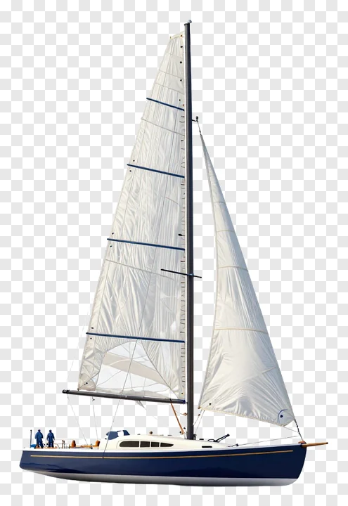 Profile view of a blue and white sailboat sailing with full sails.