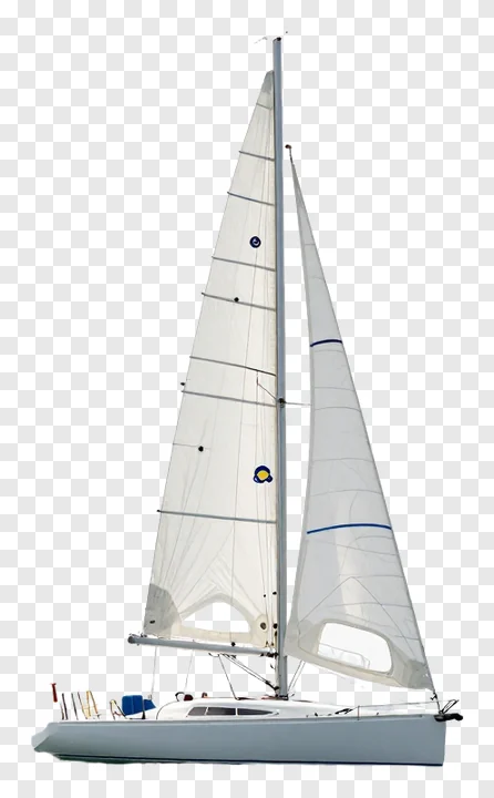 A sailboat with white sails on calm water.