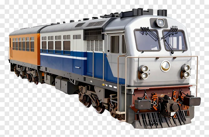 A silver and blue diesel train engine with an orange car attached.