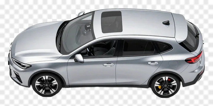 Top-down view of a silver vehicle with black trim and alloy wheels.