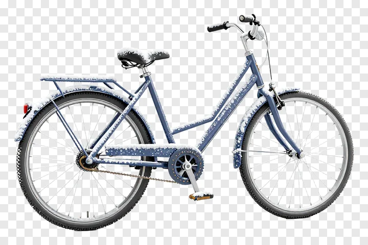 A blue bicycle dusted with snow.