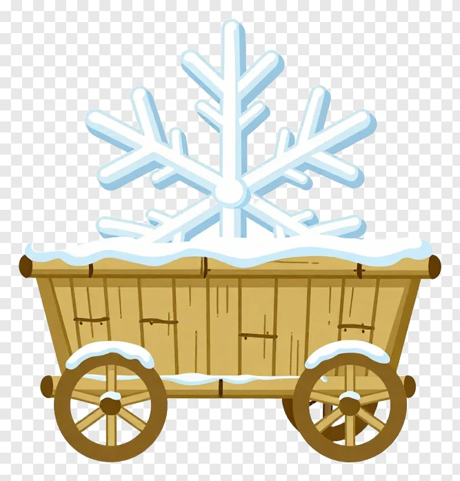 Wooden cart covered in snow with a snowflake decoration.