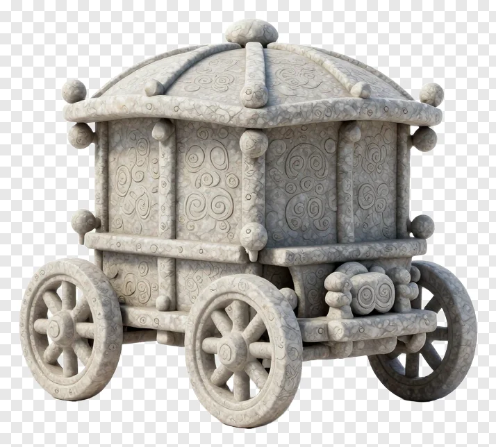 A stone chariot with intricate carvings and wheels.