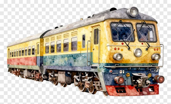 Watercolor illustration of a colorful passenger train.
