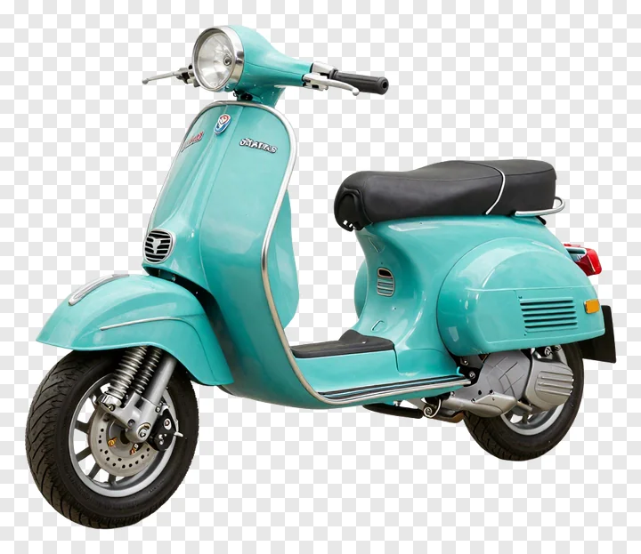A turquoise vintage-style scooter on a white background.