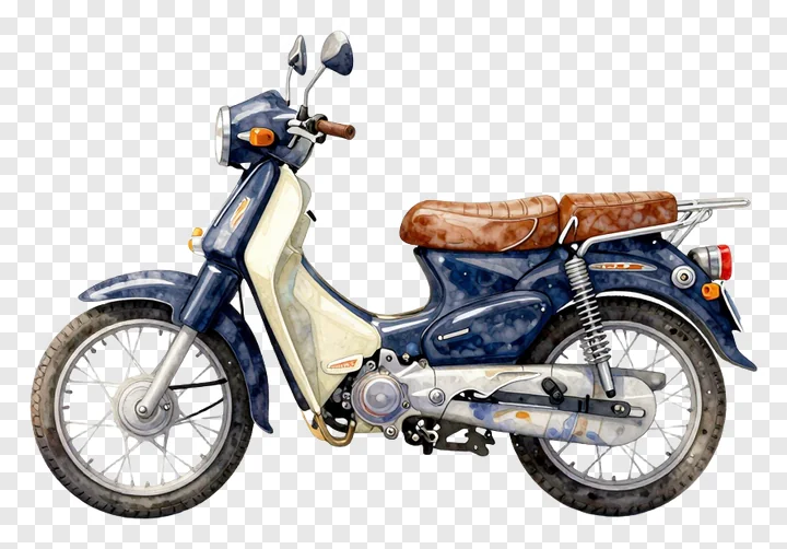 A vintage blue scooter with a brown seat.