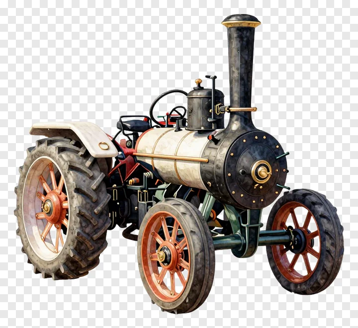 Vintage steam tractor with black body, orange rims, and white tank.