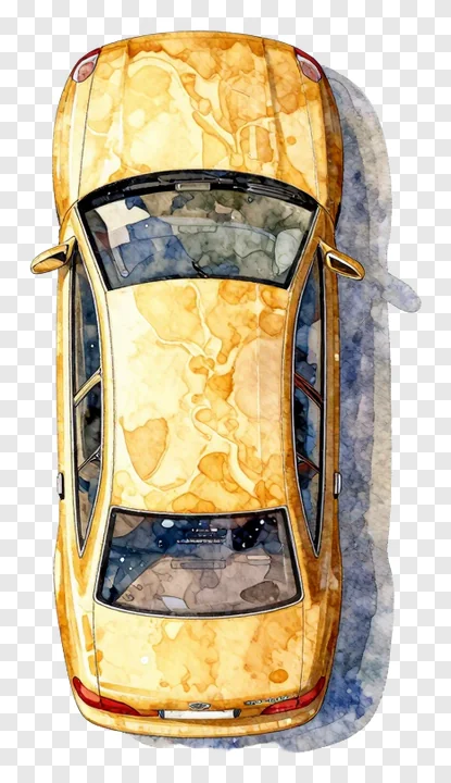 Top view of a car painted in watercolor style with golden and blue hues.